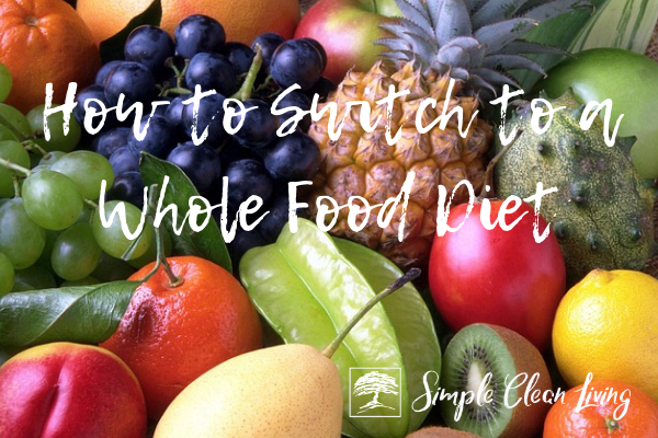 Picture of all types of different fruits with the blog post title "How to Switch to a Whole Food Diet"