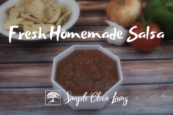 Picture of a dish of homemade salsa with the blog post title "Fresh Homemade Salsa"