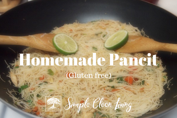 A picture of a skillet of pancit and the blog post title "Homemade Pancit, gluten free"
