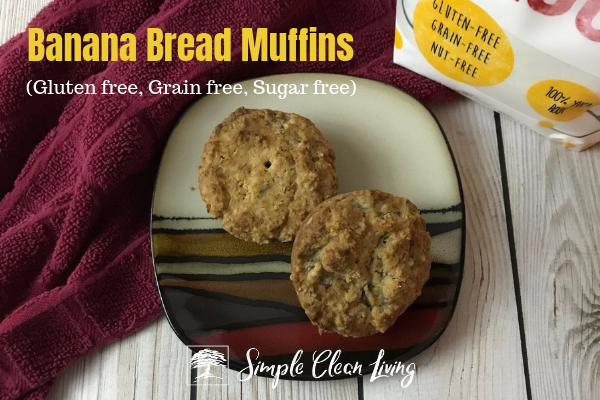 A picture of two muffins on a plate with the blog post title "Banana Bread Muffins, gluten free, grain free, sugar free"