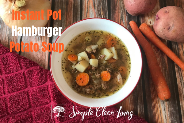 A picture of a bowl of soup with the blog post title "Instant Pot Hamburger Potato Soup"