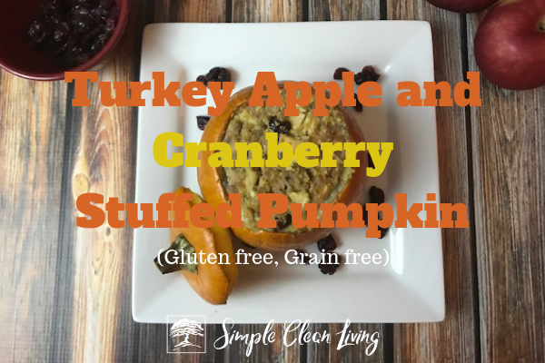 A picture of a baked stuffed pumpkin with the blog post title "Turkey, Apple and Cranberry Stuffed Pumpkin"