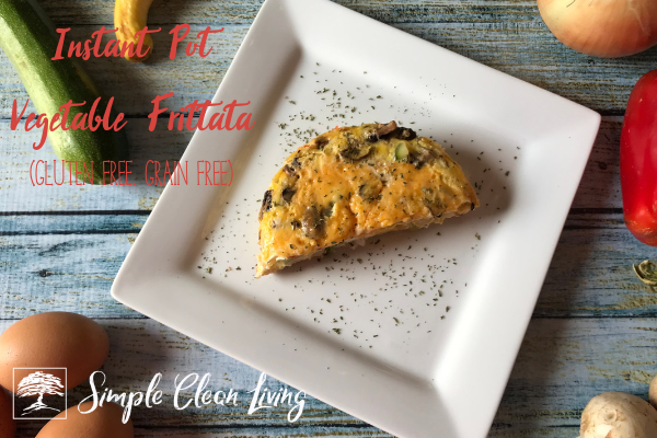 A picture of a piece of fritata on a plate with the blog post title "Instant Pot Vegetable Frittata, gluten free, grain free"