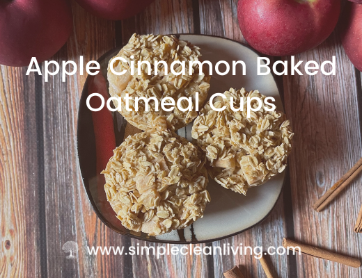 A plate with three apple cinnamon baked oatmeal cups and the recipe title