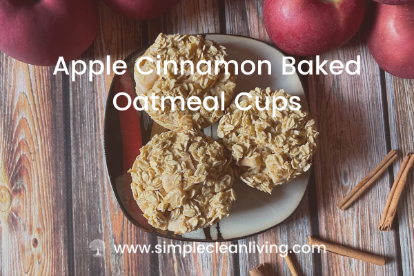 A plate with three apple cinnamon baked oatmeal cups and the recipe title