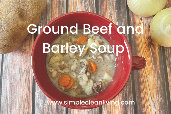 Ground Beef and Barley Soup in a red soup mug sitting on a wooden table