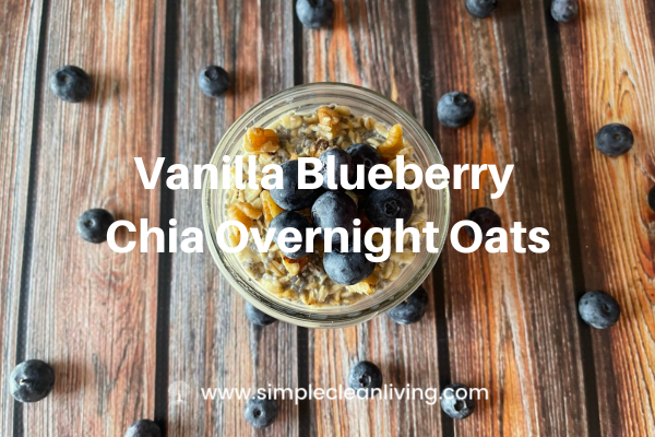 Vanilla Blueberry Chia Overnight Oats- A picture of the overnight oats in a small glass jar.