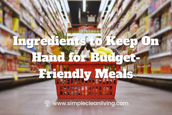 Ingredients to Keep on Hand for Budget-friendly meals blog post title with picture of a grocery basket filled with groceries sitting on the floor in the middle of an aisle in a grocery store.